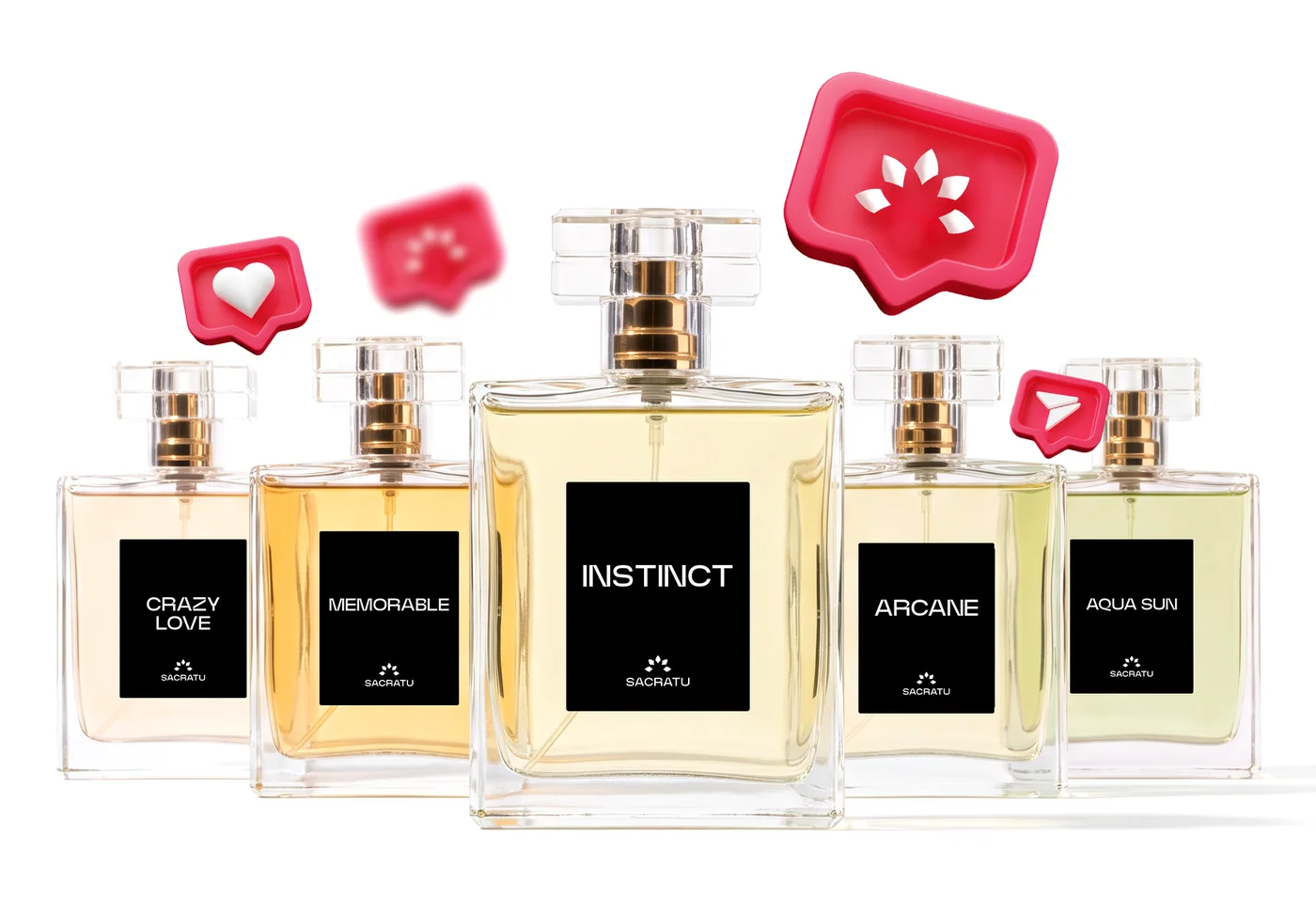 Frascos Crazy Love, Memorable, Instinct, Arcane e Aqua Sun, da Sacratu, com notificações de curtida e comentário